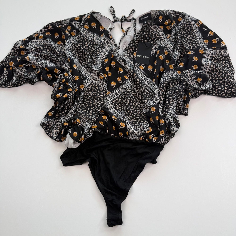 Heyson Floral Patchwork Bodysuit Black Gold Flutter Sleeve Tie Back NWT Small